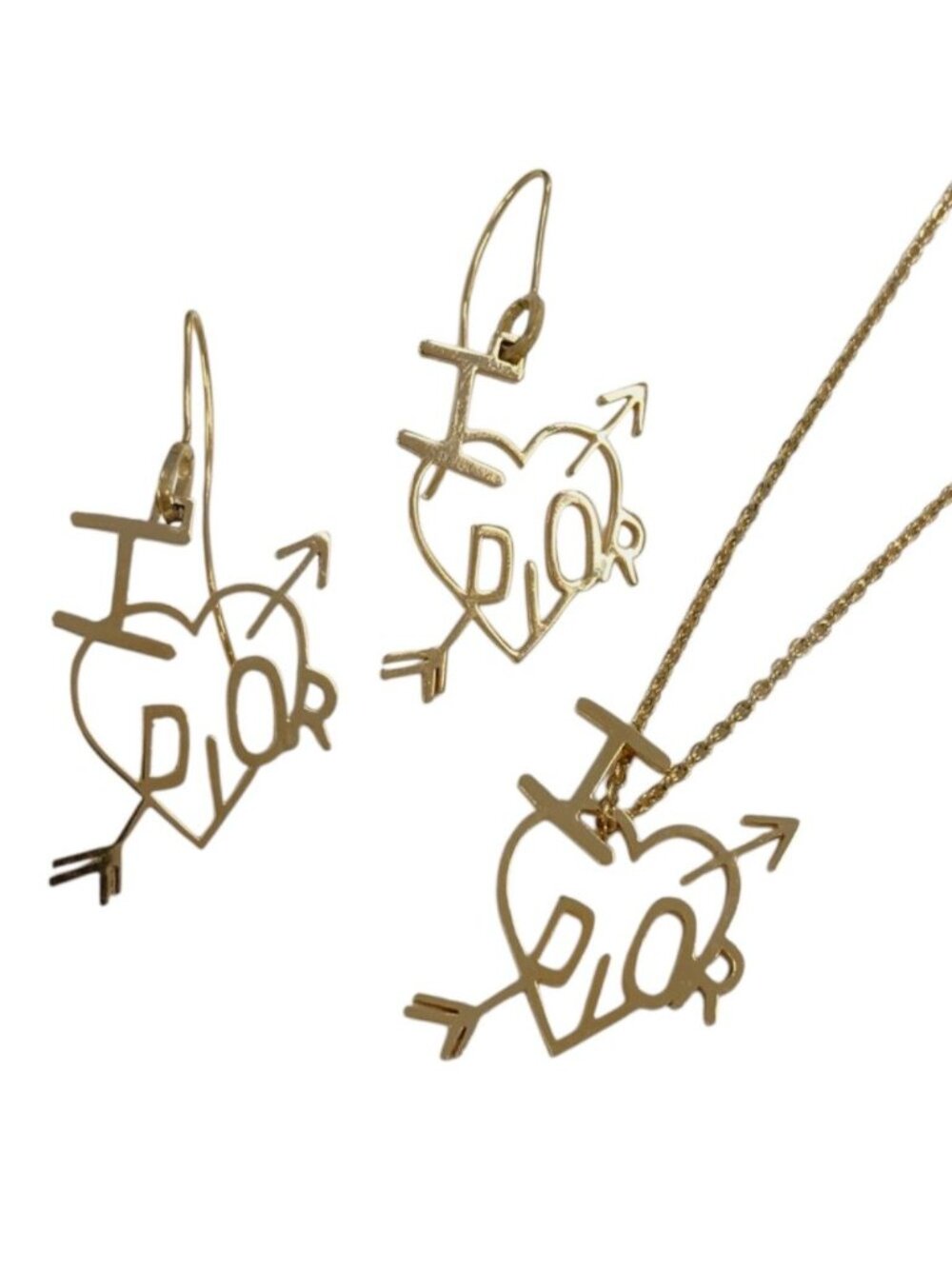 Dior I Love Heart Arrow Necklace Hook Earrings Set Gold Colored